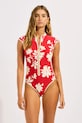 Seafolly jednodílné plavky dámské Cap Sleeve Zip Front červená 60290.299