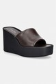 Calvin Klein чехли със скосена платформа дамски от кожа WEDGE 70 SNDL MULE LTH кафяв HW0HW02881