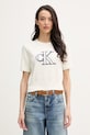 Calvin Klein Jeans тениска тип пуловер дамска от памук бежов LV047F356G