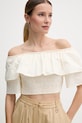 Gaudi bluzka z falbanką damska bawełniana beżowy 611FD45012