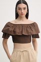 Gaudi bluzka z falbanką damska bawełniana brązowy 611FD45012