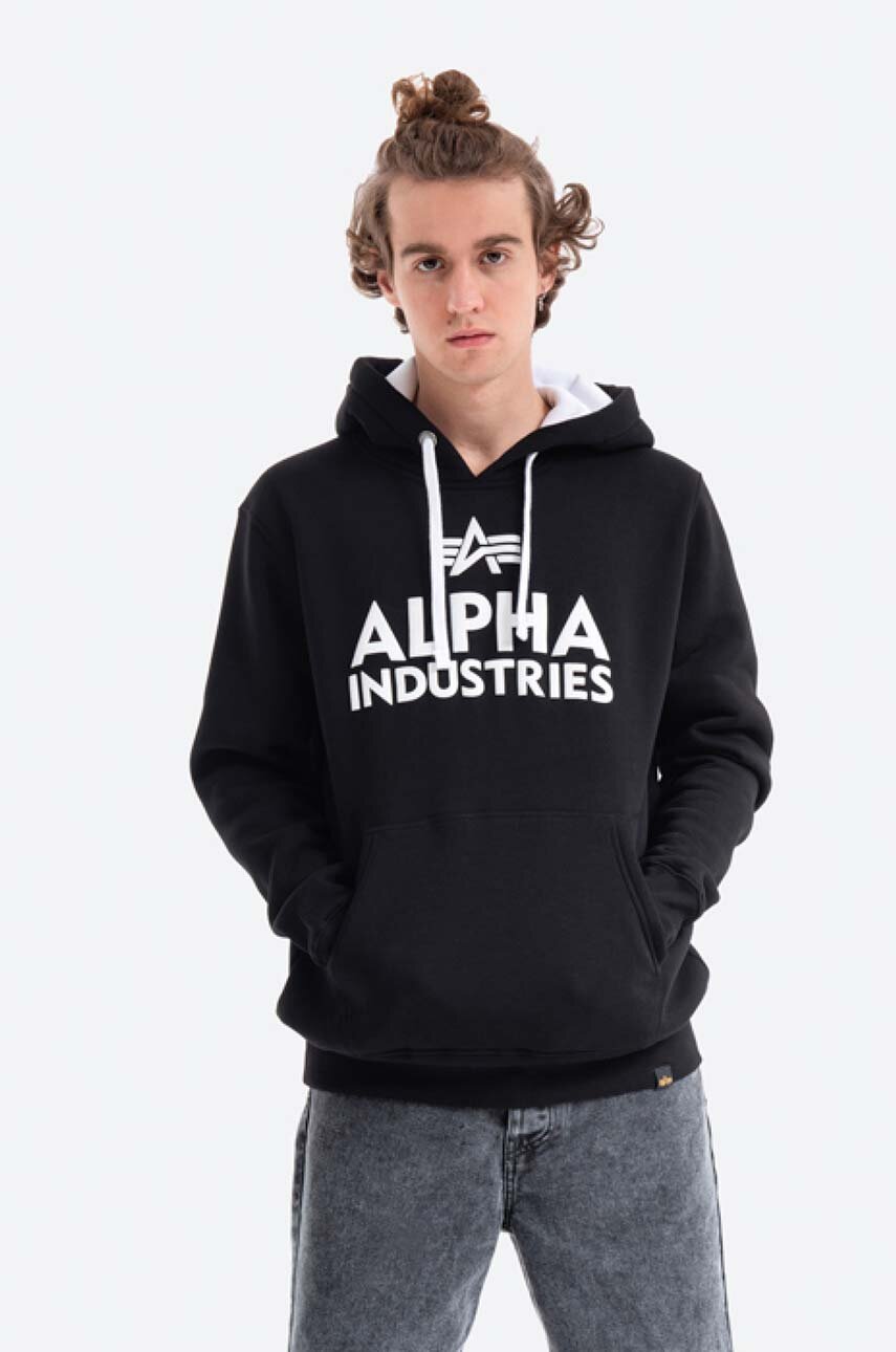 Alpha Industries sweatshirt Alpha Industries Foam Print Hoody 143302 95 men\'s  black color | buy on PRM