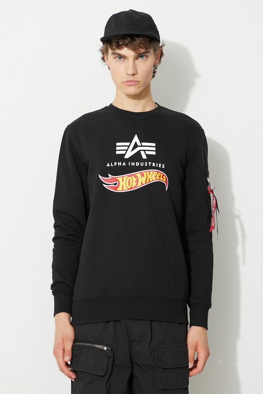 Alpha Industries sweatshirt 116316-03 hot wheels flag sweater men\'s black  color | buy on PRM