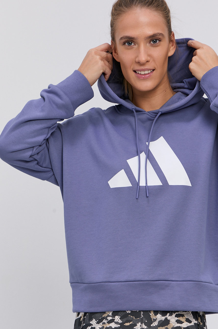 adidas Performance Bluza HA7646 damska kolor fioletowy z kapturem z  nadrukiem | Answear.com