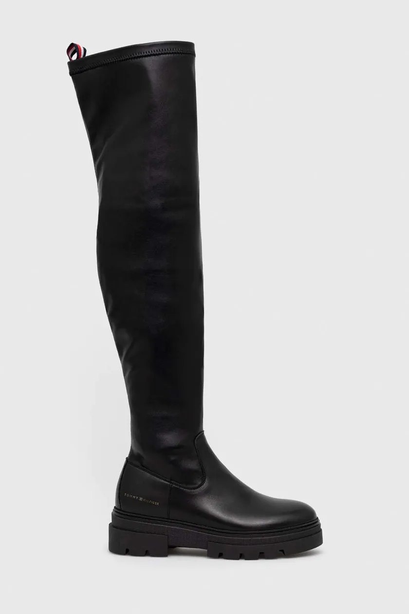 Tommy Hilfiger kozaki skórzane Monochromatic Over The Knee Boot damskie czarny na platformie | Answear.com