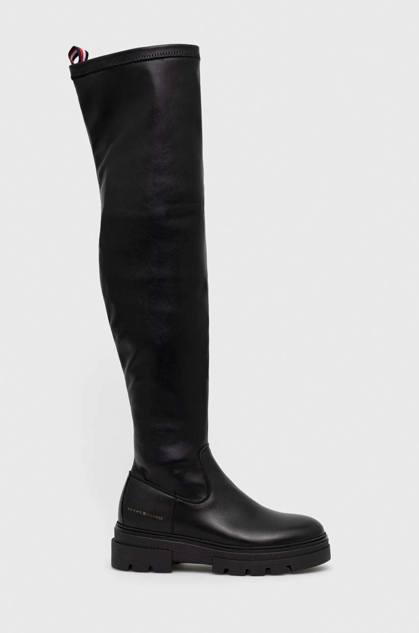 Tommy Hilfiger kozaki skórzane Monochromatic Over The Knee Boot damskie czarny na platformie | Answear.com