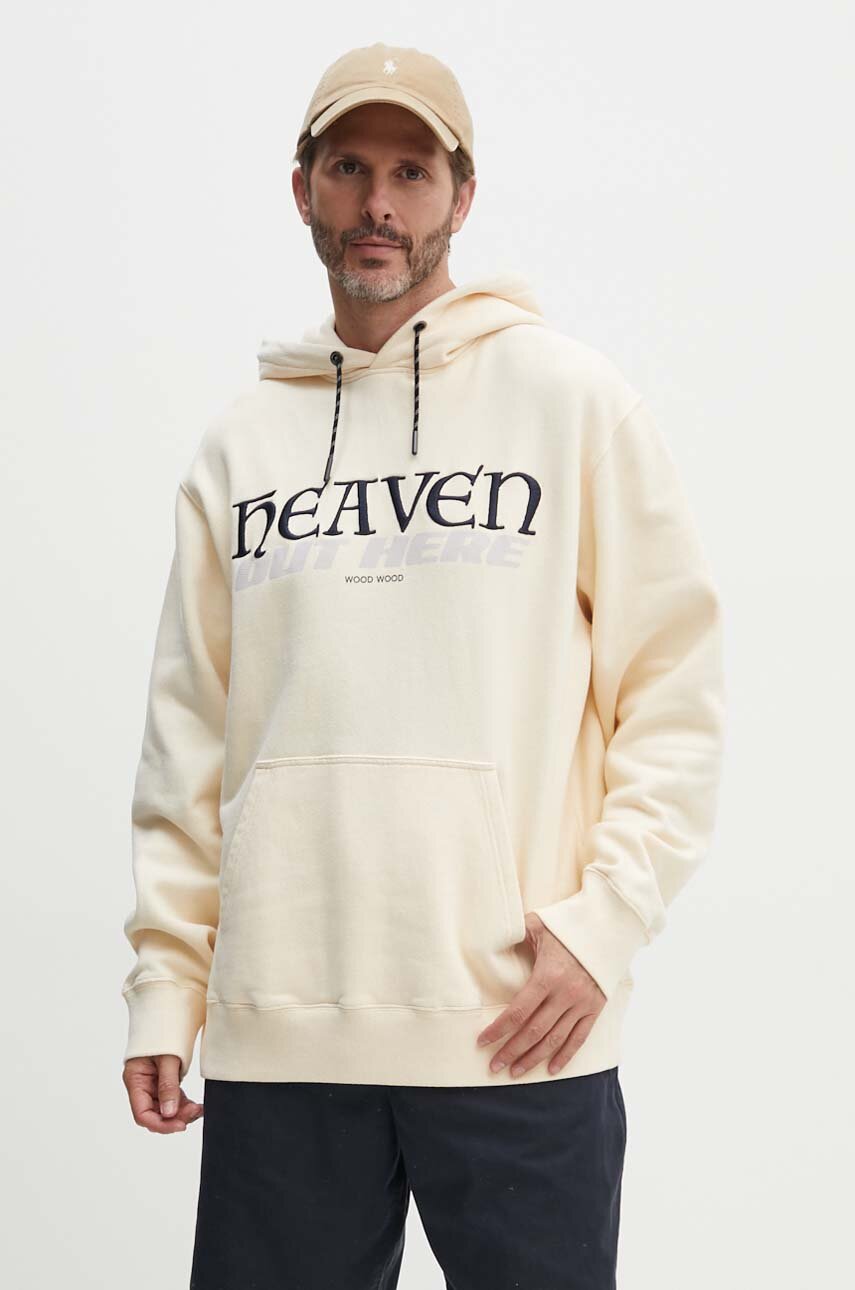 Wood Wood hanorac de bumbac Zeus heaven hoodie bărbați, culoarea bej, cu glugă, cu imprimeu 12335603.2493