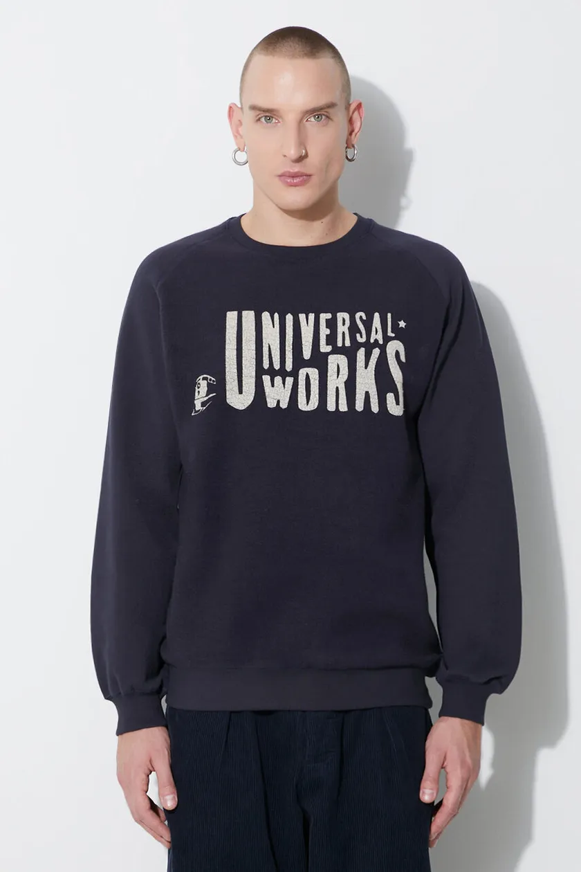 Universal Works cotton sweatshirt MYSTERY TRAIN PRINT SWEAT men s navy blue color 29183 at PRM US