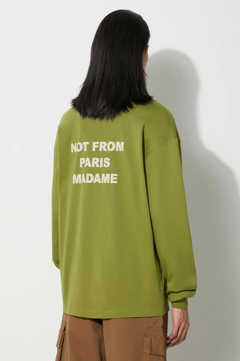 Βαμβακερή μπλούζα με μακριά μανίκια Drôle de Monsieur Le T-Shirt Slogan ML χρώμα: πράσινο, C-TS125-CO073-KK