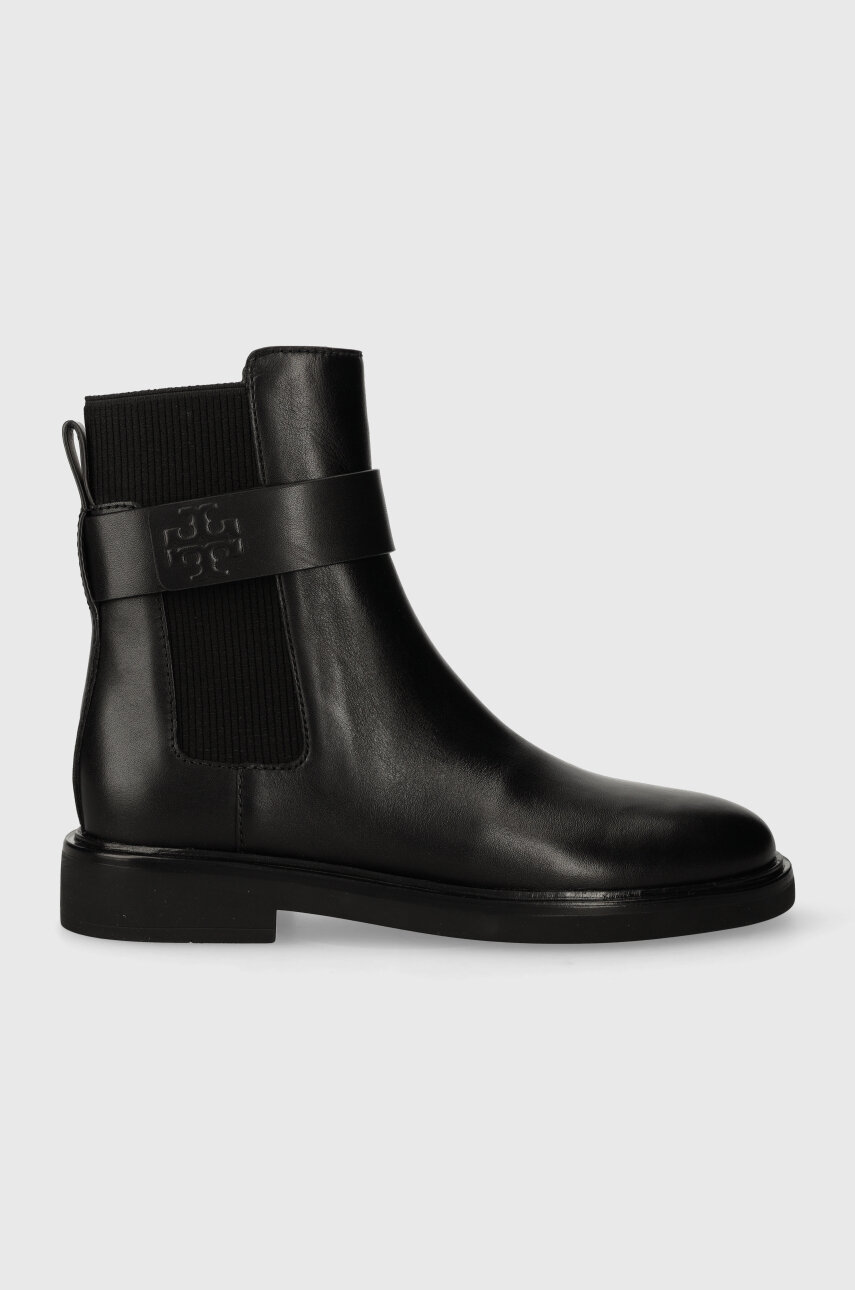 Tory Burch sztyblety skorzane DOUBLE T CHELSEA BOOT damskie kolor czarny na p askim obcasie 152831 004 Answear