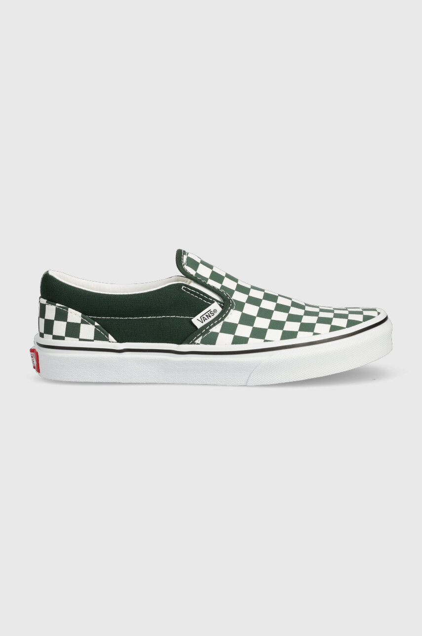 vans green checkered slip ons