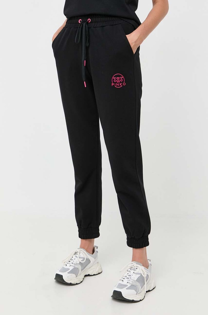 Pinko pantaloni de trening din bumbac culoarea negru, cu imprimeu