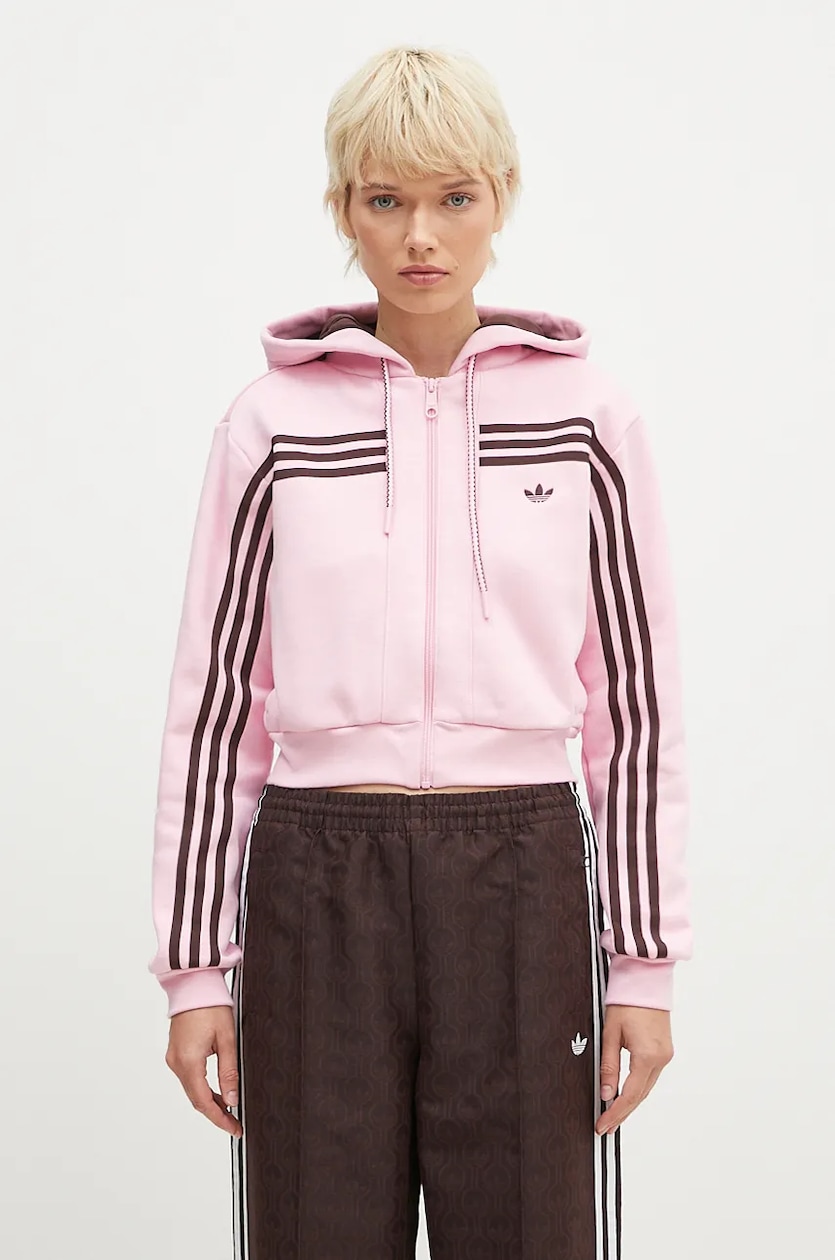 adidas Originals sweatshirt 70s Short Fullzip Fleece Hoodie women s pink color hooded with an application JN7665 at PRM US