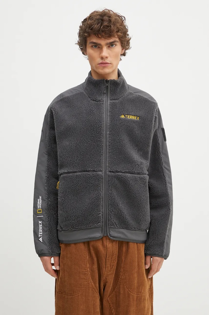 adidas fleece sweatshirt Nattional Geographic High Pile gray color with an application JJ4356