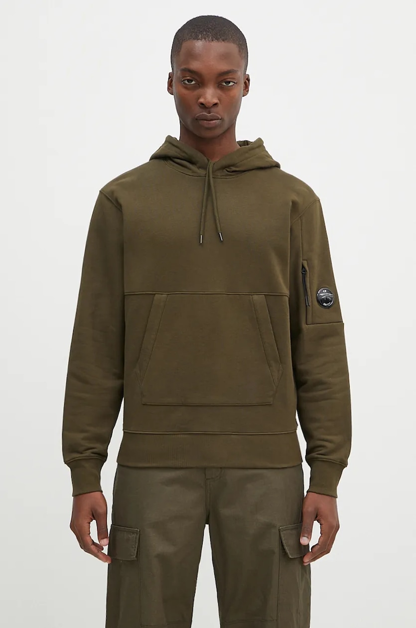 C.P. Company cotton sweatshirt Diagonal Raised Fleece Lens Hooded Sweatshirt men s green color hooded smooth 17CMSS024A005086W