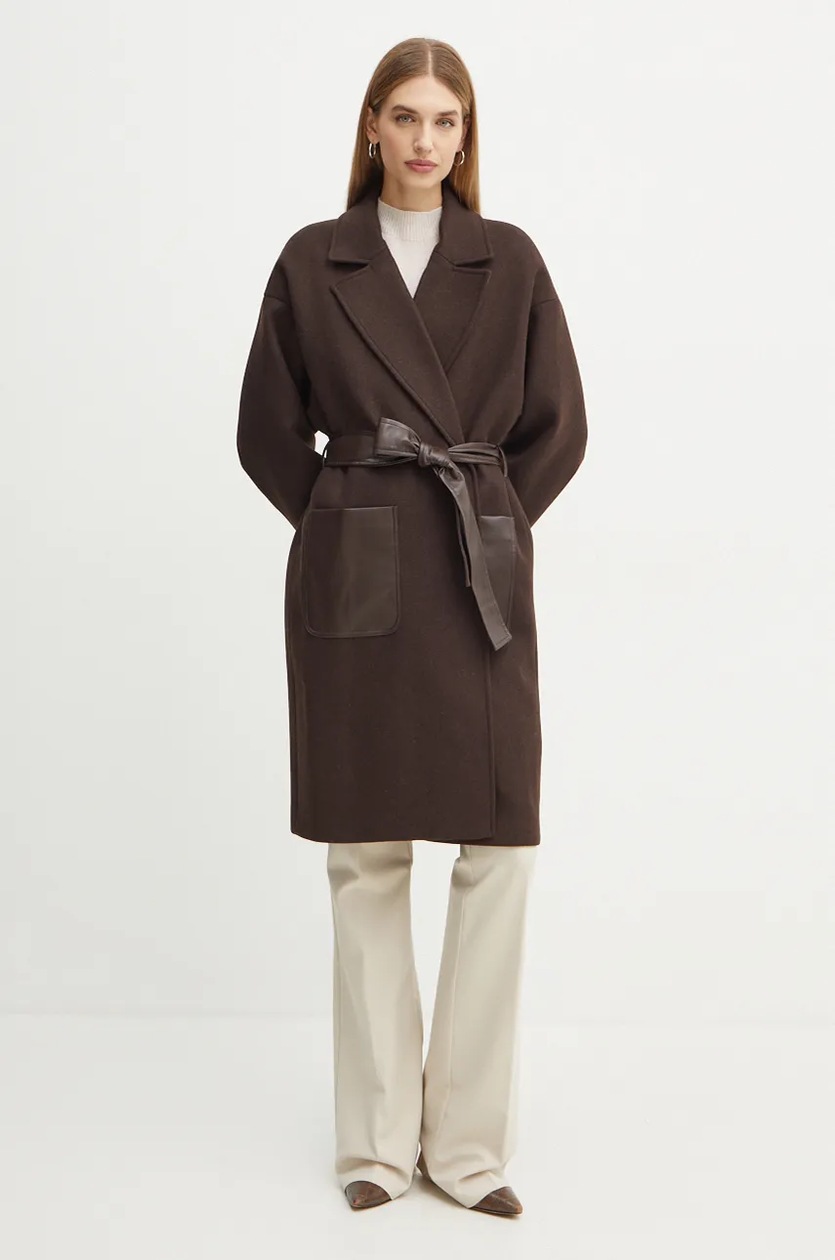 Twinset płaszcz wełniany kolor brązowy przejściowy niezapinany