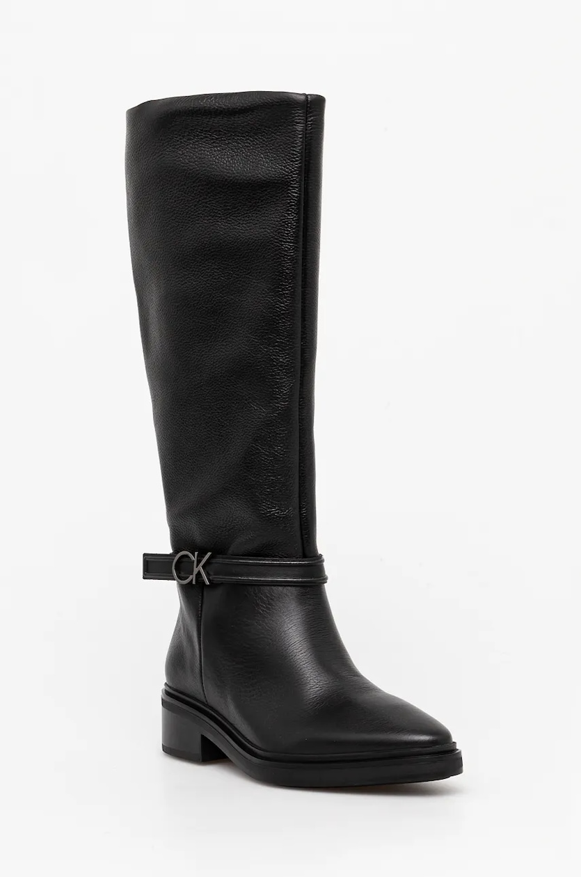 Calvin Klein stivali in pelle HEEL KNEE BOOT 30 W HW LTH donna colore nero HW0HW02184