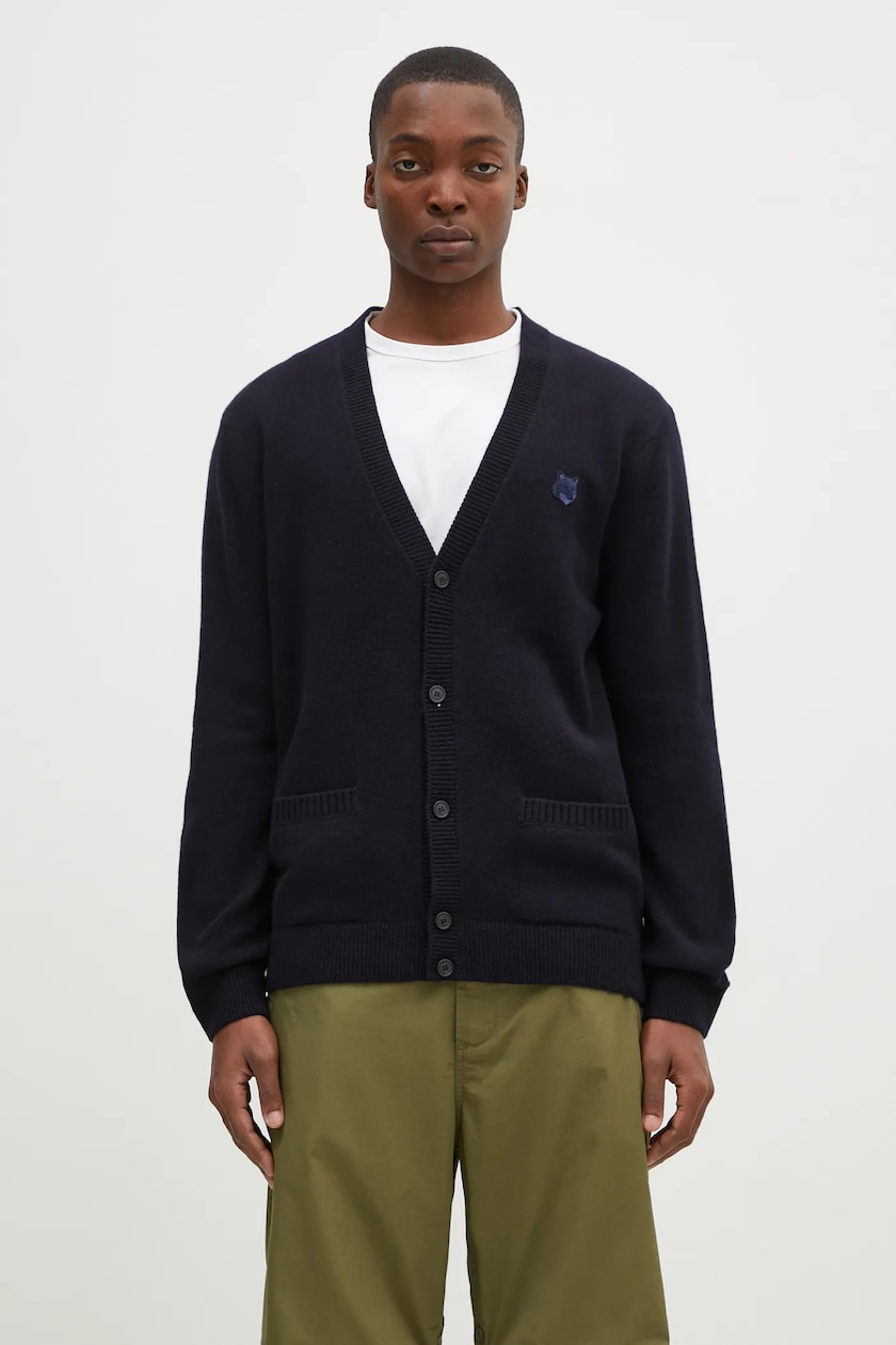 Maison Kitsune woolen cardigan Bold Fox Head Patch navy blue color NM00506KT1006 at PRM US