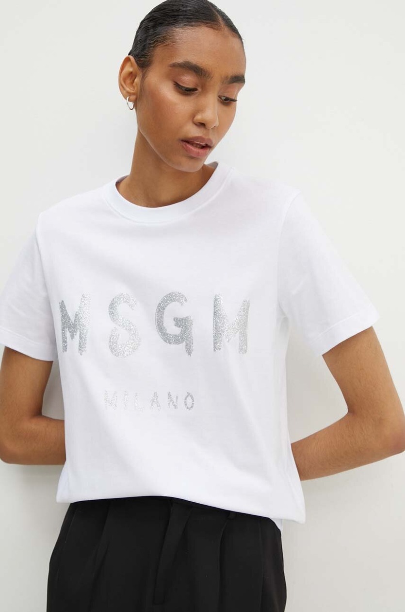 MSGM｜ (3441MDM510G 237002 01A) MSGM Jersey T-shirt with glitter brushstroke logo | REVERSIBLE