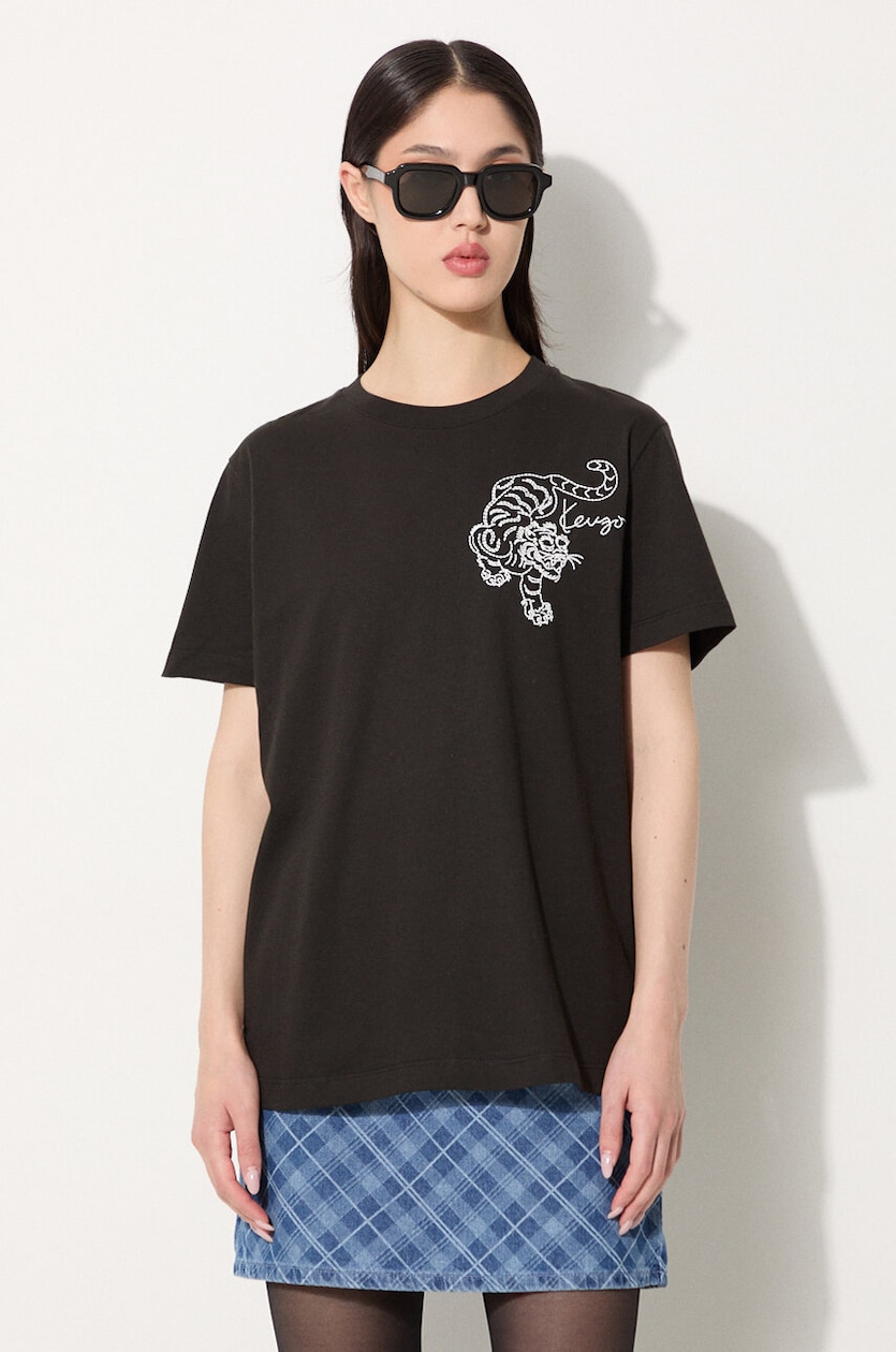 Kenzo cotton t-shirt Gots Star Tiger Emb Loose women's black