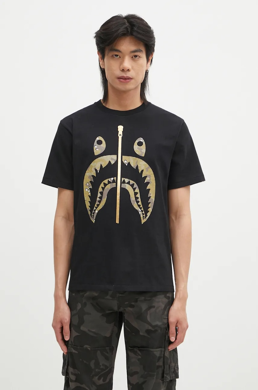 A Bathing Ape cotton t shirt BITMAP SHARK TEE men s black color with a print 1K80110040