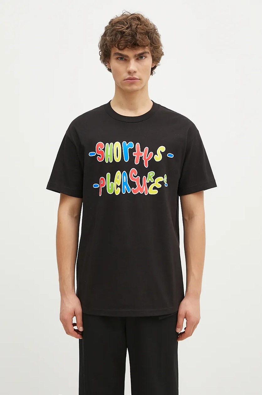 PLEASURES cotton t-shirt F Me men's black color with a print