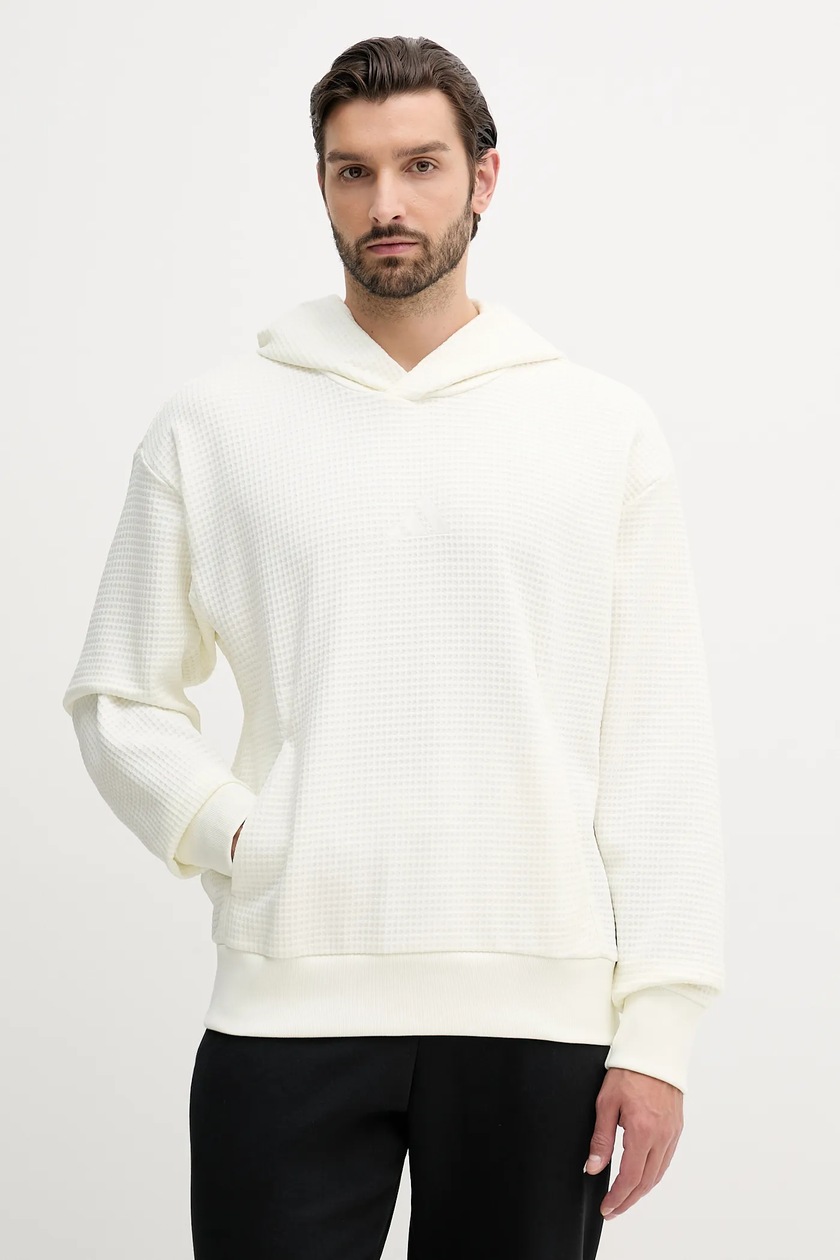 adidas bluza Essentials męska kolor beżowy z kapturem z aplikacją