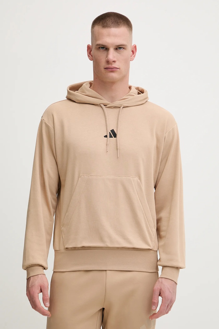 adidas bluza Essentials męska kolor beżowy z kapturem z aplikacją