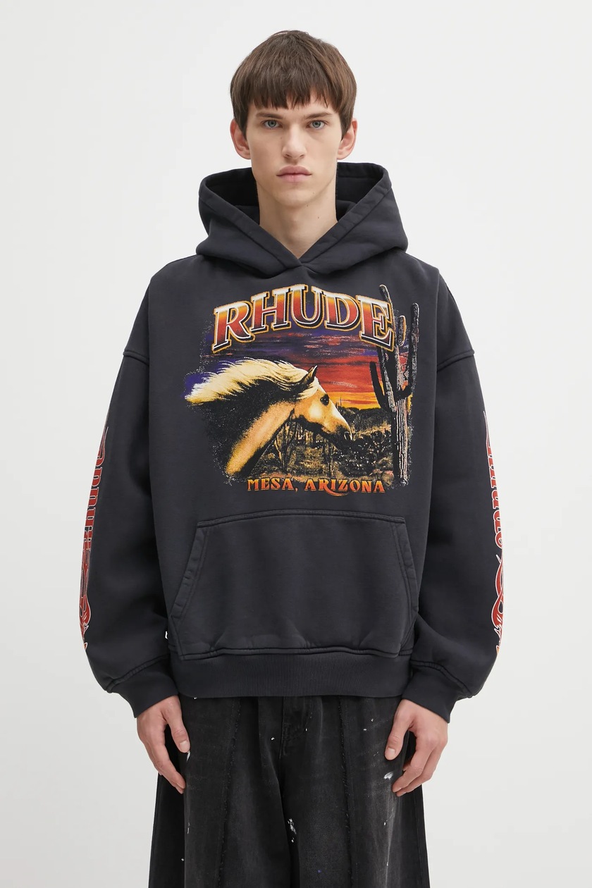 RHUDE cotton sweatshirt Mesa stallion black color hooded patterned