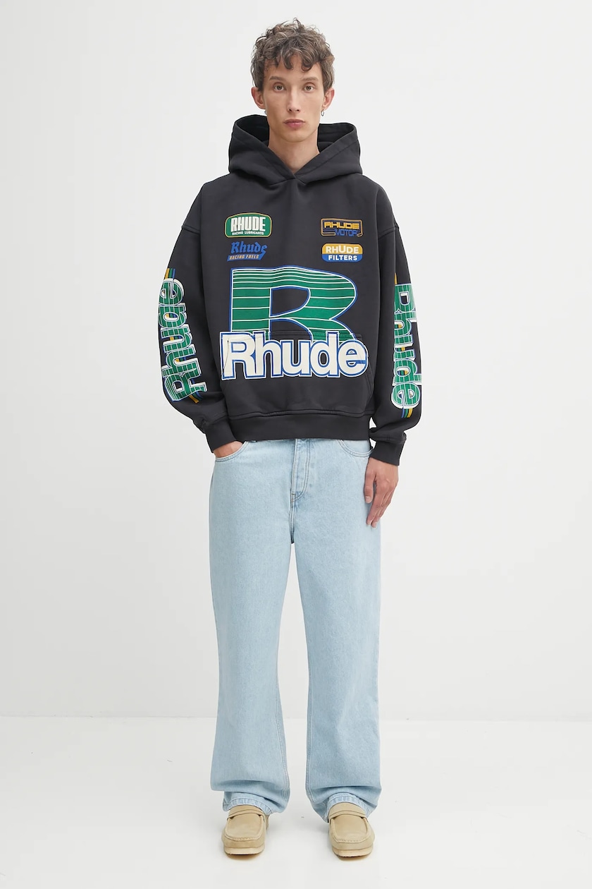 RHUDE cotton sweatshirt Roadway Racing black color hooded RHUDE cotton sweatshirt Roadway Racing black color hooded