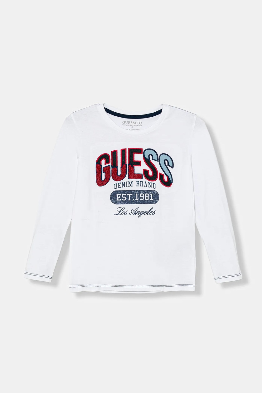 Дитячий бавовняний лонгслів Guess колір білий з принтом N5BI06