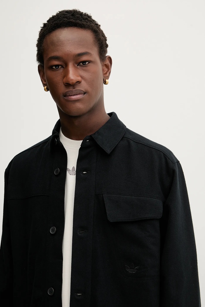 メンズウェア BackSlash StandCollar HalfSleeve Shirt adidas Originals koszula bawełniana P Ess Shi męska kolor czarny