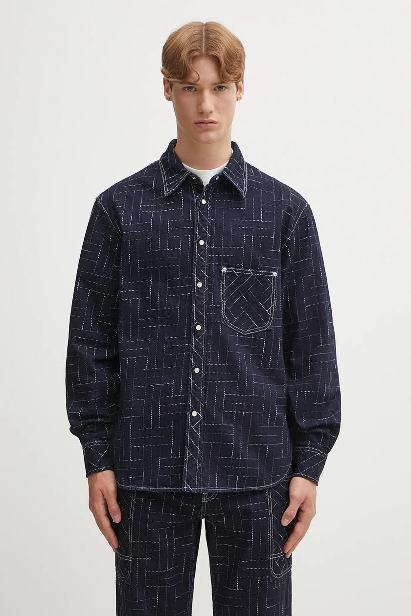 Deaileネイビーグレー ストライプ ラガーシャツ M rowhill-navy-and