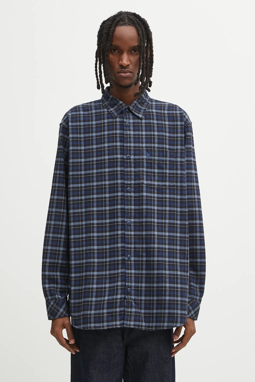 Carhartt WIP cotton shirt S/S Drewe Shirt men's navy blue color