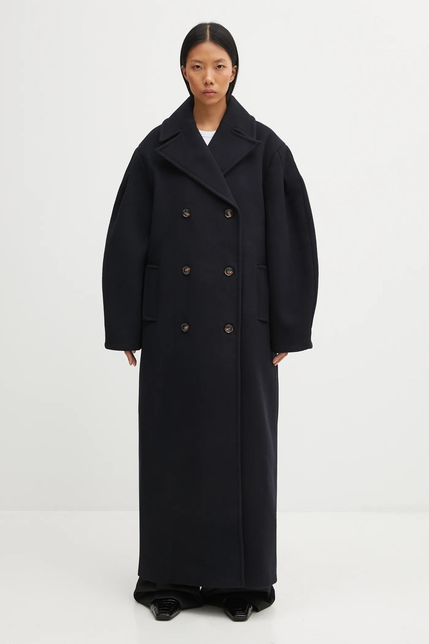 GANNI coat with wool Peacoat Wool Long navy blue color W0802 at PRM US