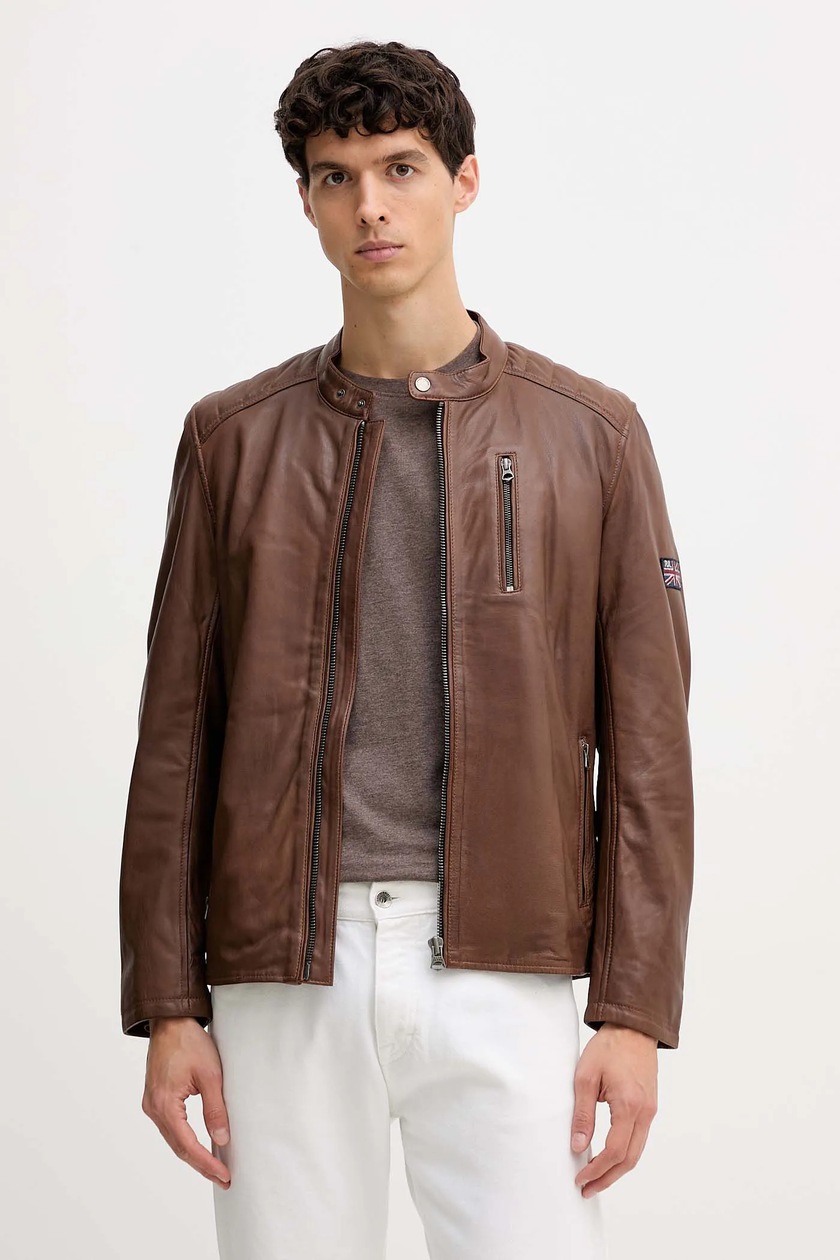 Pepe Jeans kurtka skórzana kolor brązowy przejściowa PM4027178