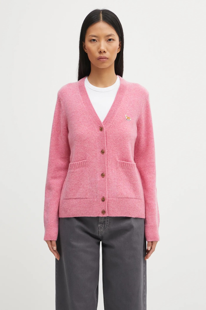 Maison Kitsuné woolen cardigan Baby Fox Lambswool Boxy pink color