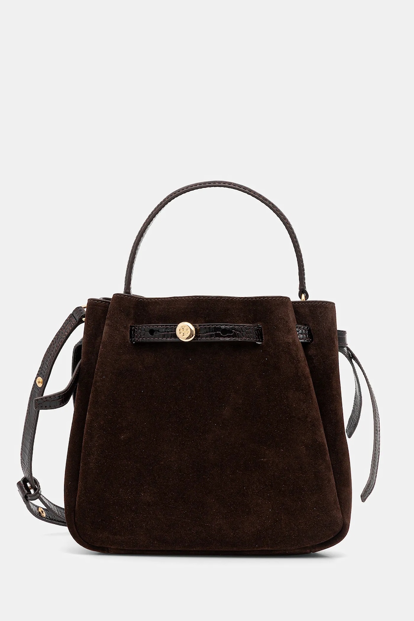 Tory Burch torebka Romy Suede Bucket kolor brązowy Tory Burch torebka Romy Suede Bucket kolor brązowy