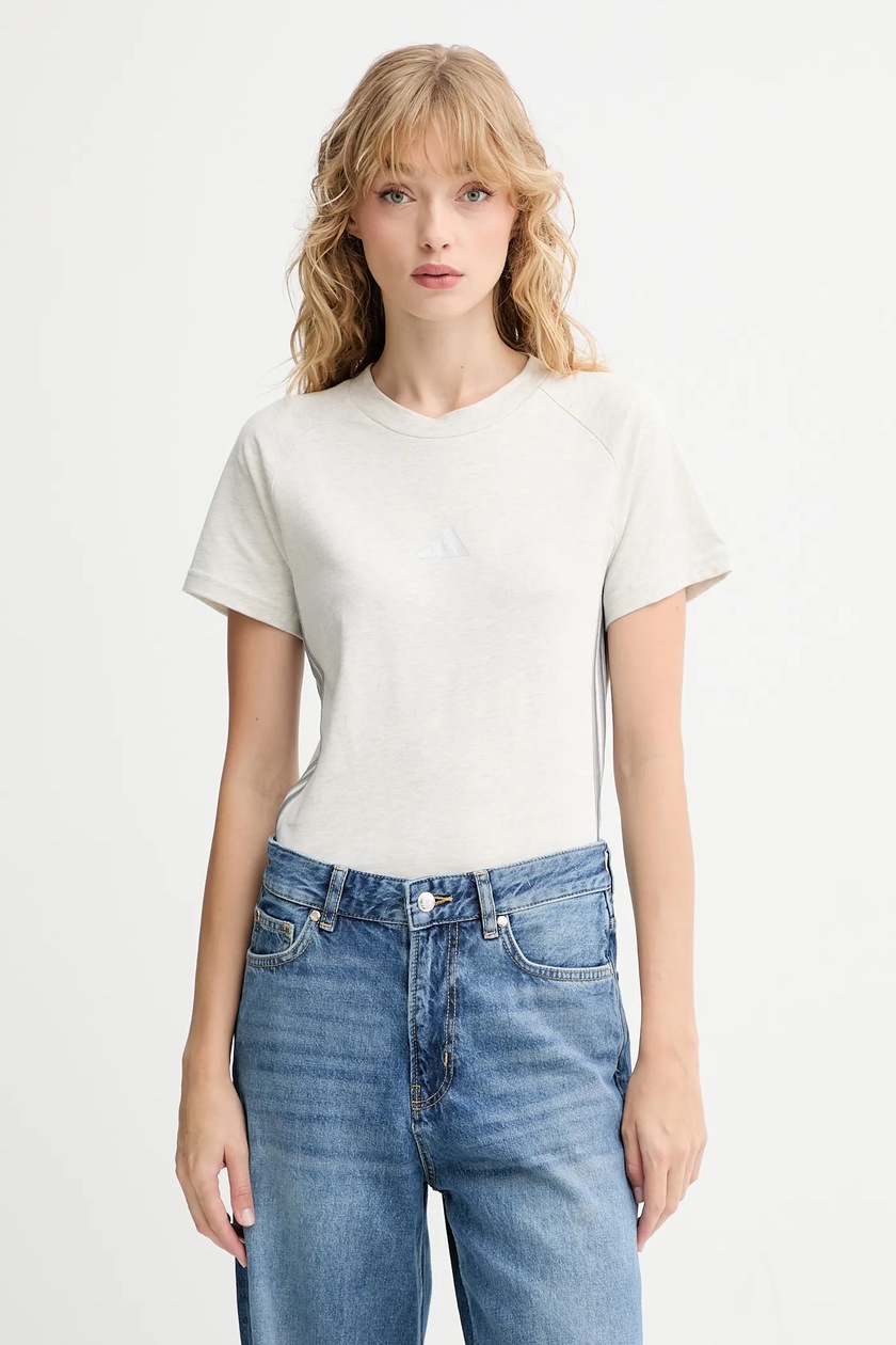 Хлопковая футболка adidas Essentials Linear женская цвет бежевый