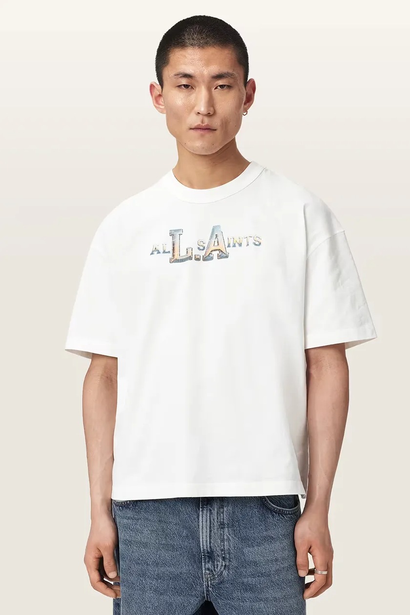 AllSaints tricou din bumbac NERO barbati, culoarea alb, neted