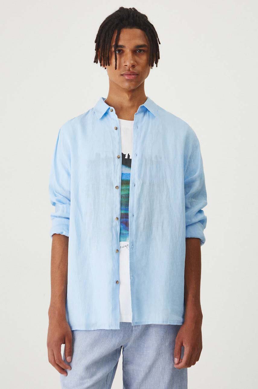 Camicia di lino blu uomo deals