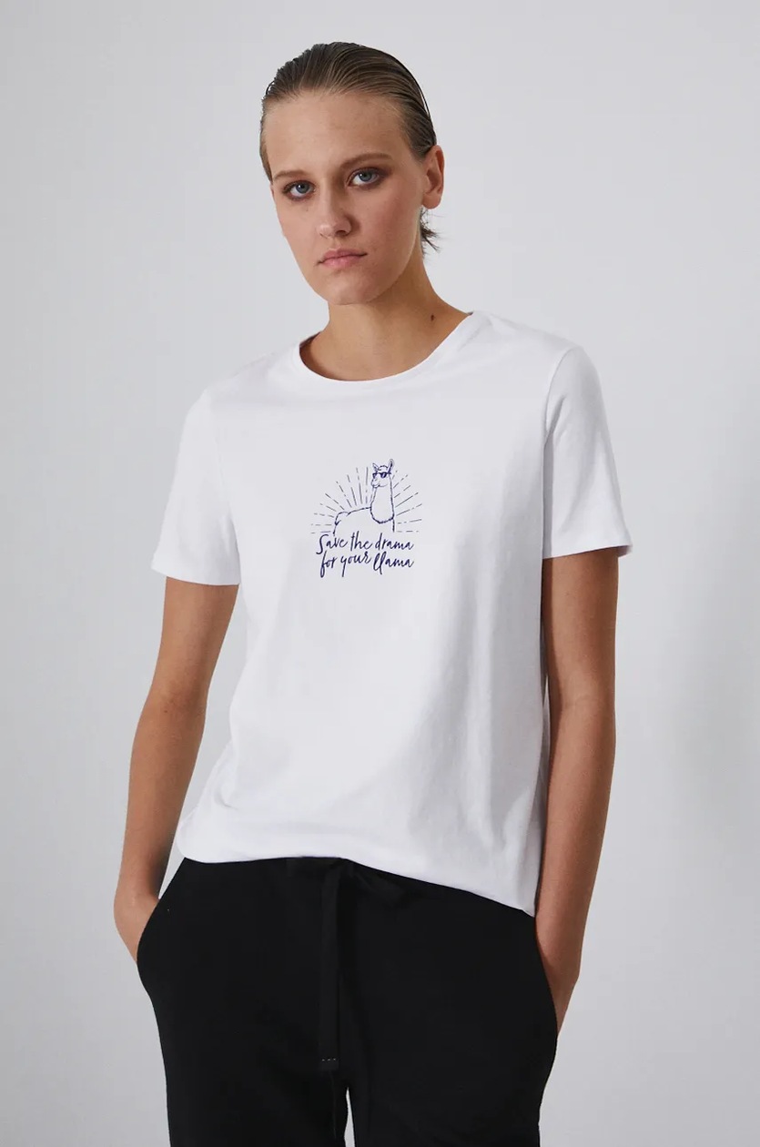 T-shirt bawełniany damski z domieszką elastanu z nadrukiem kolor