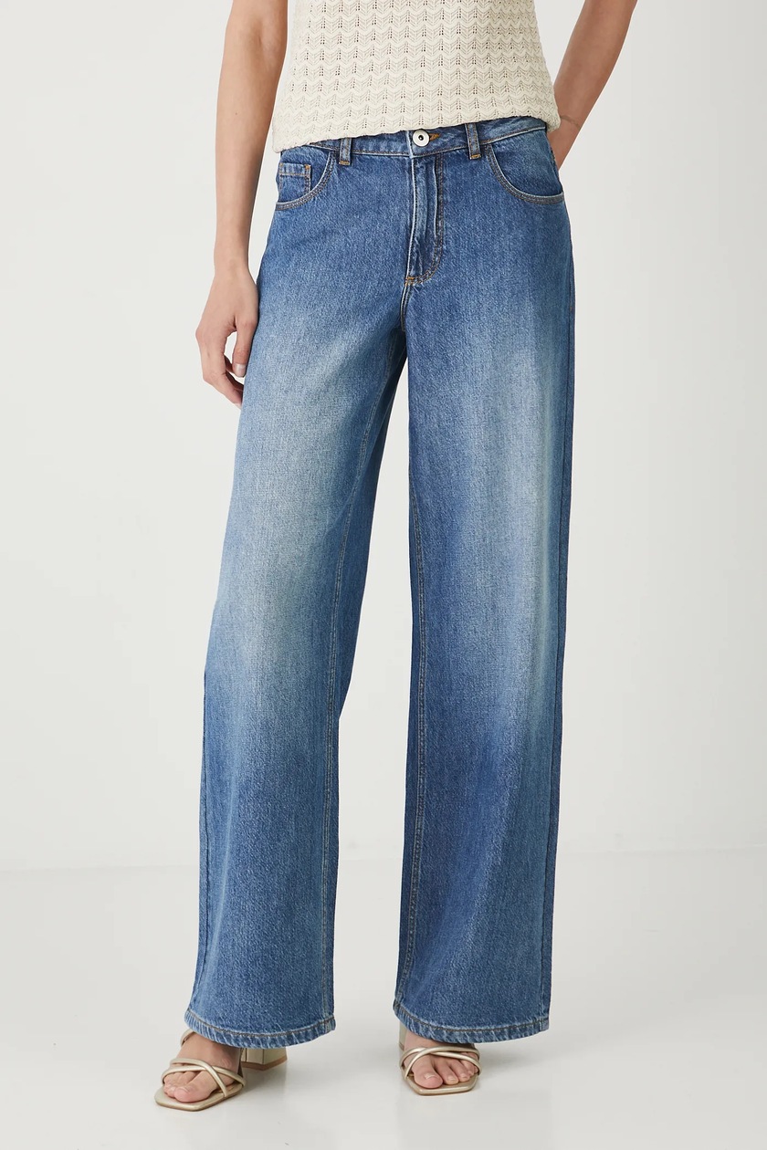 Jeansy damskie wide leg z efektem sprania kolor niebieski