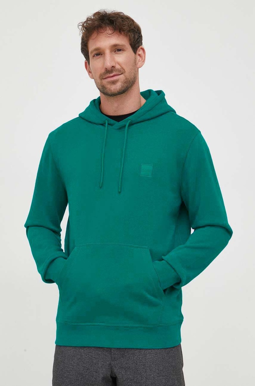BOSS hanorac de bumbac CASUAL bărbați, culoarea verde, cu BOSS hanorac de bumbac CASUAL bărbați, culoarea verde, cu