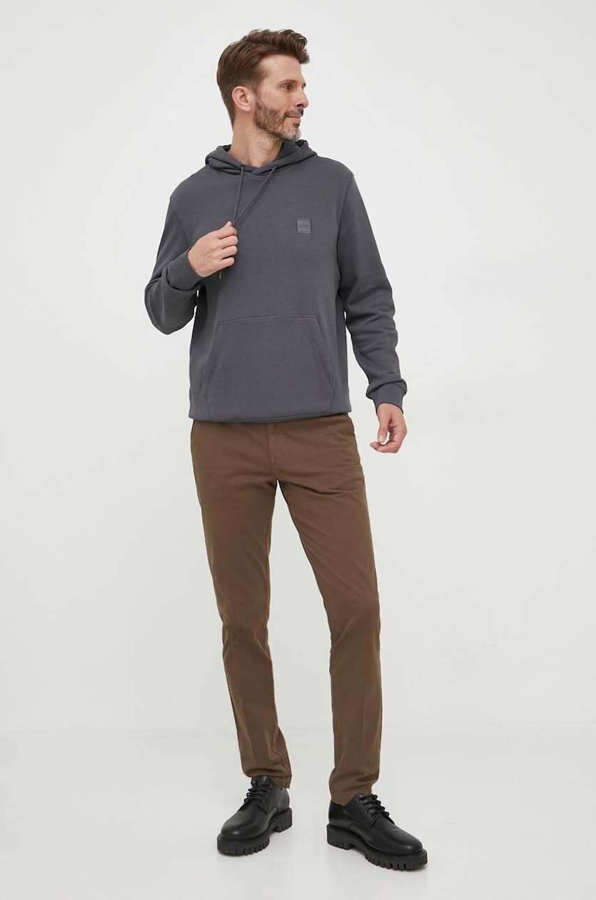BOSS hanorac de bumbac CASUAL bărbați, culoarea gri, cu BOSS hanorac de bumbac CASUAL bărbați, culoarea gri, cu