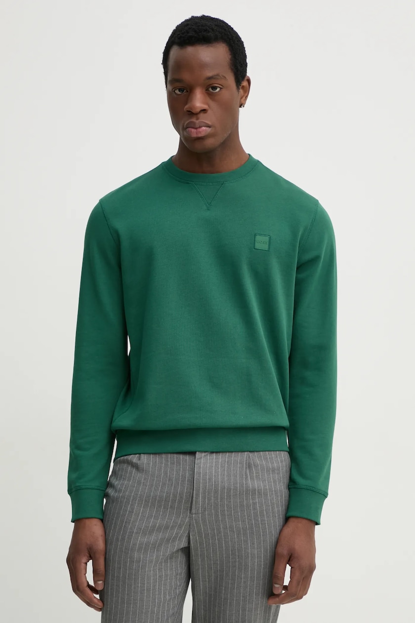 BOSS hanorac de bumbac CASUAL bărbați, culoarea verde, cu BOSS hanorac de bumbac CASUAL bărbați, culoarea verde, cu