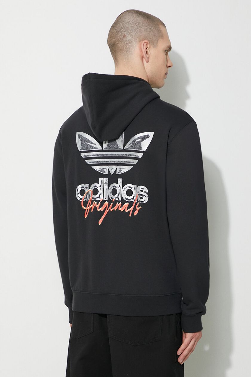 Хлопковая кофта adidas Originals мужская цвет чёрный с капюшоном с принтом на PRM Хлопковая кофта adidas Originals мужская цвет чёрный с капюшоном с принтом на PRM