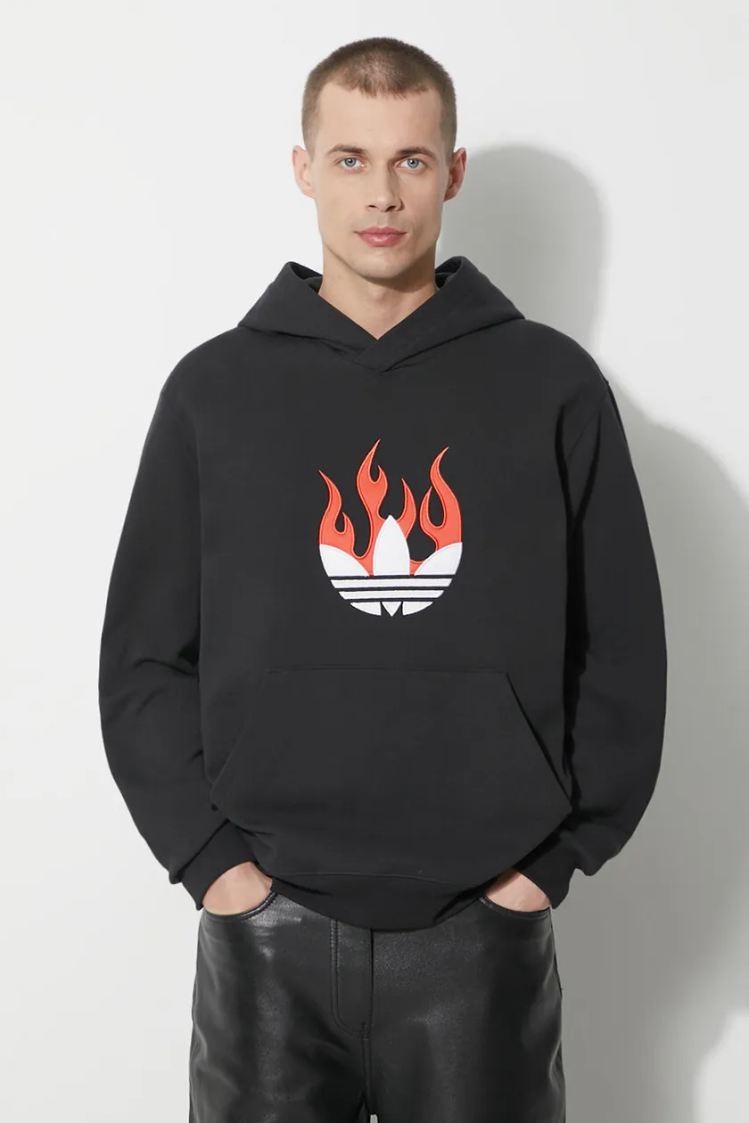 Хлопковая кофта adidas Originals мужская цвет чёрный с капюшоном с принтом на PRM Хлопковая кофта adidas Originals мужская цвет чёрный с капюшоном с принтом на PRM