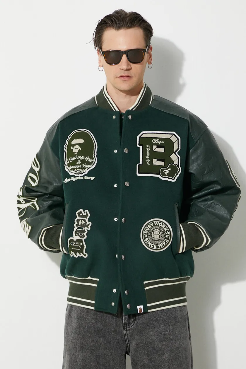 verde A Bathing Ape giubbotto bomber in lana Bape Patch Coach Jacket Uomo