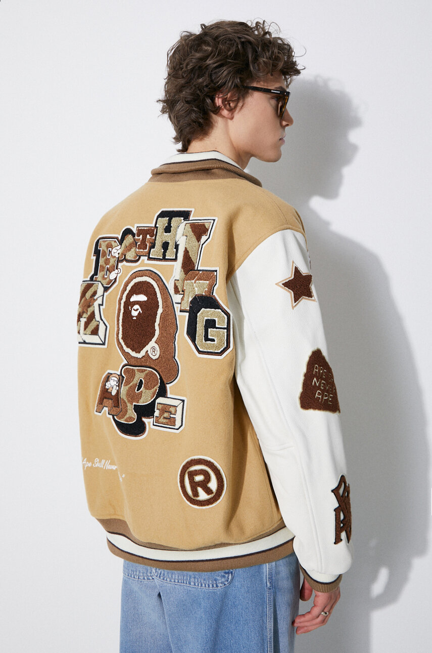 бежевий Вовняна куртка-бомбер A Bathing Ape Bape Multi Motif Varsity Чоловічий